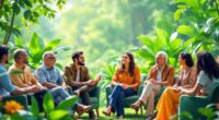 Diverse Leaders In A Green Setting Discussing Sustainability Initiatives.