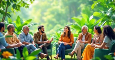 Diverse Leaders In A Green Setting Discussing Sustainability Initiatives.