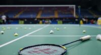 Empty Badminton Court With Scattered Shuttlecocks And Racket.