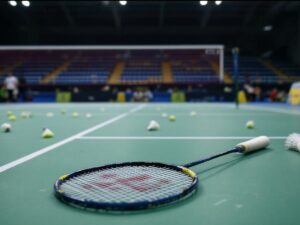 Empty Badminton Court With Scattered Shuttlecocks And Racket.