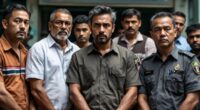 Individuals In Handcuffs Outside A Police Station In Malaysia.