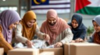 Volunteers Packing Aid Boxes With Malaysia And Jordan Flags.