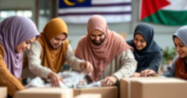 Volunteers Packing Aid Boxes With Malaysia And Jordan Flags.