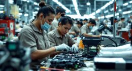 Workers In A Factory Engaged In Assembly Tasks.