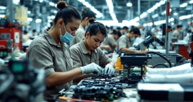 Workers In A Factory Engaged In Assembly Tasks.