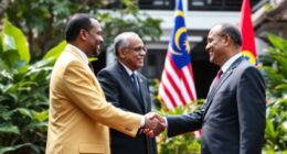 Ethiopian Prime Minister And Malaysian Leaders Shaking Hands Outdoors.