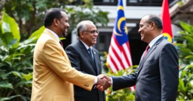 Ethiopian Prime Minister And Malaysian Leaders Shaking Hands Outdoors.