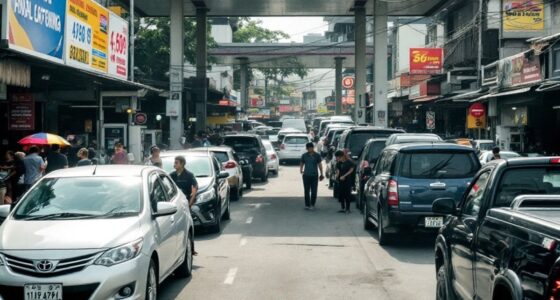 Malaysian Street With Fuel Stations And Cars Waiting.