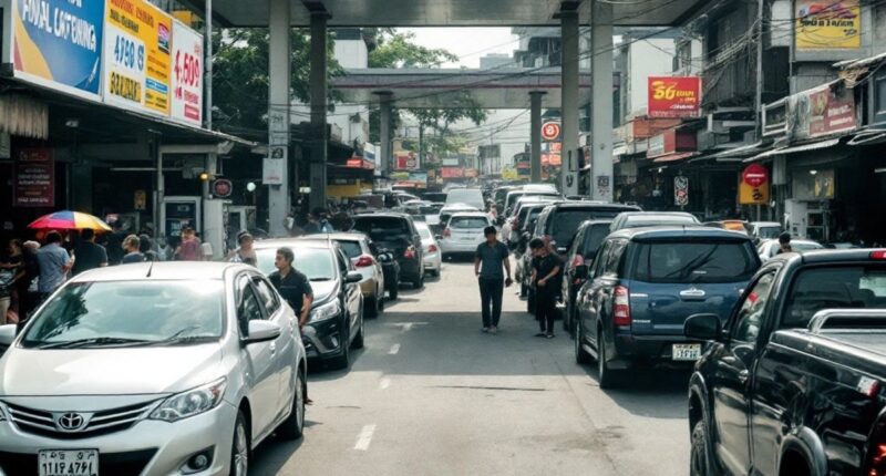 Malaysian Street With Fuel Stations And Cars Waiting.