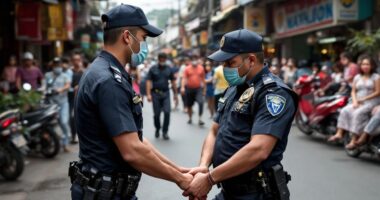 Police Arresting A Suspect In A Busy Street.