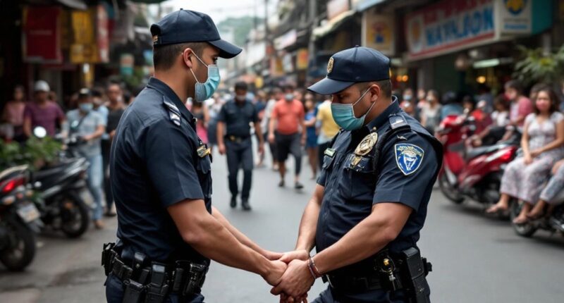 Police Arresting A Suspect In A Busy Street.