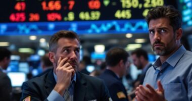 Traders On A Busy Stock Exchange Floor Looking Concerned.