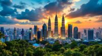 Kuala Lumpur Skyline At Sunset With Lush Greenery.