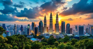 Kuala Lumpur Skyline At Sunset With Lush Greenery.