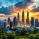 Kuala Lumpur Skyline At Sunset With Lush Greenery.