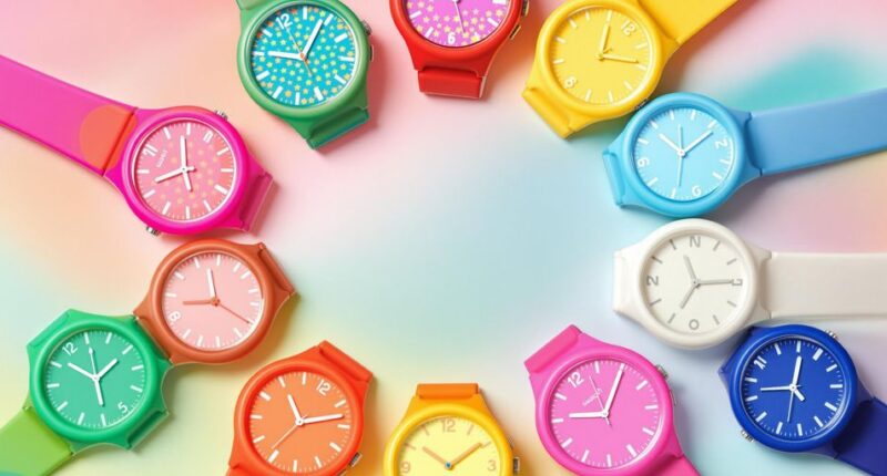 Colorful Swatch Watches Arranged In A Vibrant Circle.