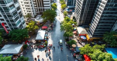 A Vibrant Malaysian Cityscape With Modern Buildings And Markets.