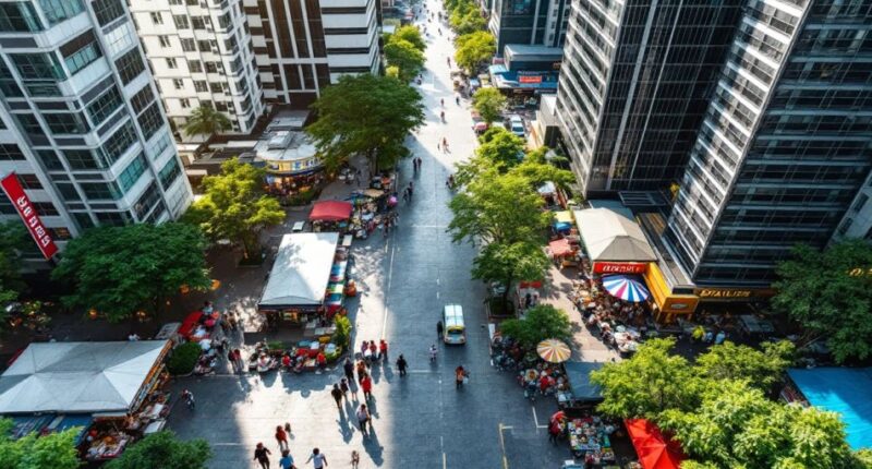 A Vibrant Malaysian Cityscape With Modern Buildings And Markets.