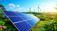 Solar Panels And Wind Turbines In A Green Landscape.