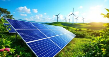 Solar Panels And Wind Turbines In A Green Landscape.