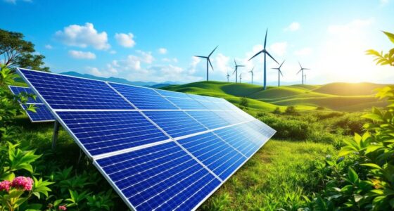 Solar Panels And Wind Turbines In A Green Landscape.