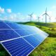 Solar Panels And Wind Turbines In A Green Landscape.