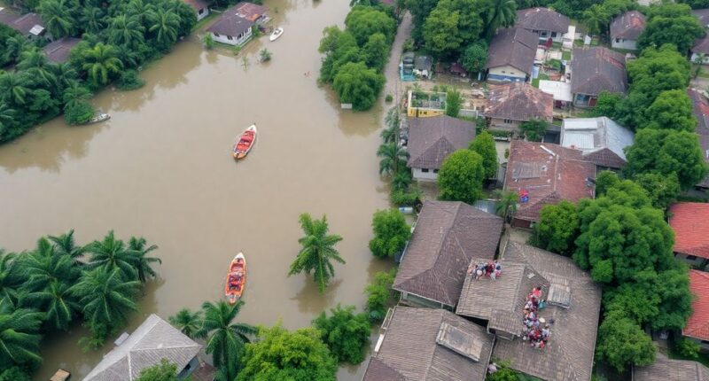 Flooded Neighborhoods In Malaysia With Submerged Homes And Boats.