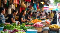 Lively Malaysian Market With Diverse Vendors And Shoppers.