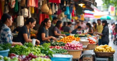 Lively Malaysian Market With Diverse Vendors And Shoppers.