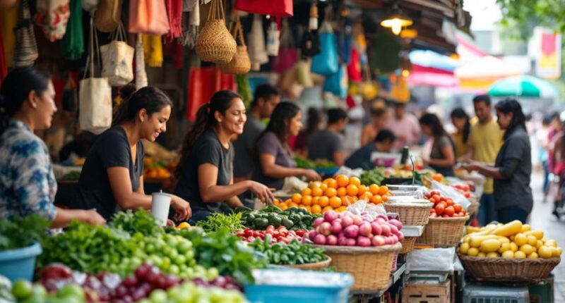 Lively Malaysian Market With Diverse Vendors And Shoppers.