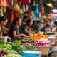 Lively Malaysian Market With Diverse Vendors And Shoppers.