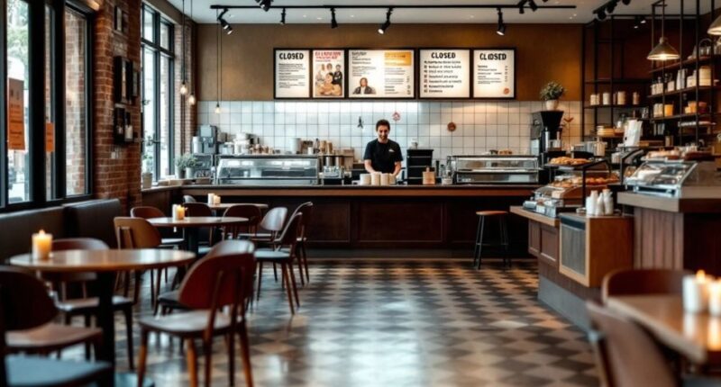 Nearly Empty Starbucks Store With Closed Signs.