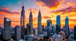 Kuala Lumpur Skyline At Sunset With Modern Skyscrapers.