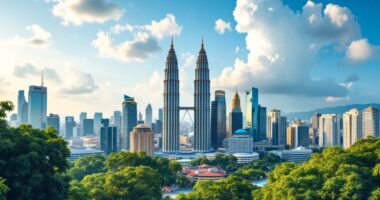 Skyline Of Malaysia With Petronas Towers And Greenery.