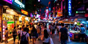 Nighttime Street Scene With Tourists Shopping In Malaysia.