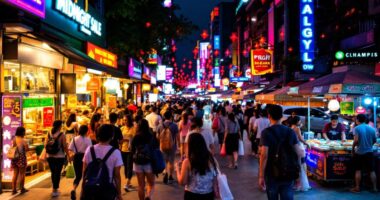 Nighttime Street Scene With Tourists Shopping In Malaysia.