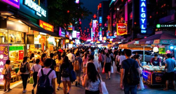 Nighttime Street Scene With Tourists Shopping In Malaysia.