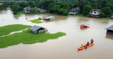 Flooded Area In Malaysia With Rescue Teams And Homes Underwater.