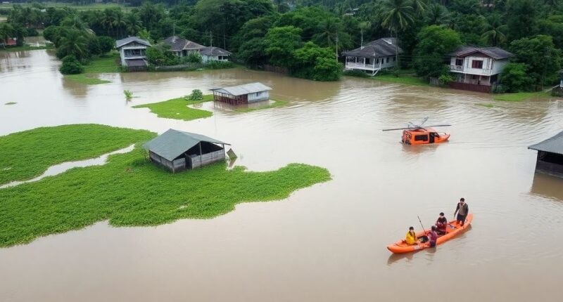 Flooded Area In Malaysia With Rescue Teams And Homes Underwater.