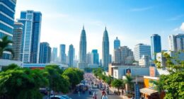 Malaysian Skyline With Skyscrapers And Vibrant Street Life.