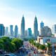 Malaysian Skyline With Skyscrapers And Vibrant Street Life.