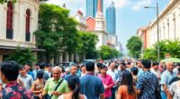 Diverse People Discussing In A Lively Malaysian Street Scene.