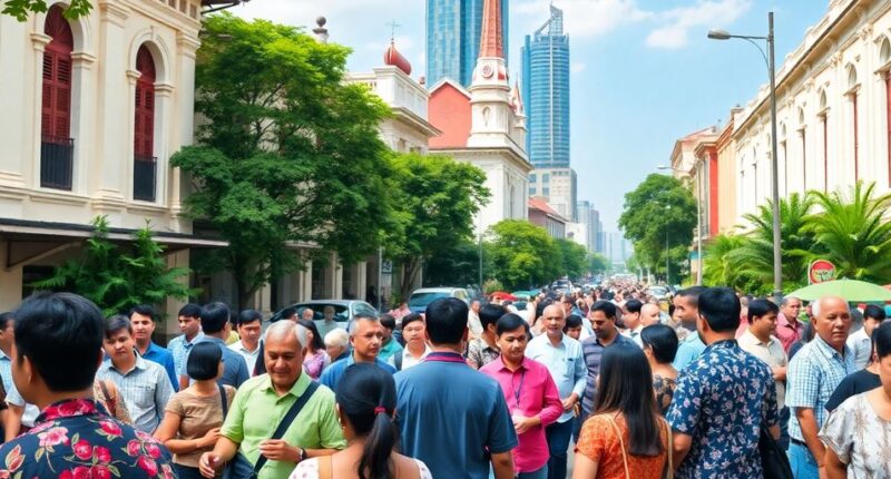 Diverse People Discussing In A Lively Malaysian Street Scene.